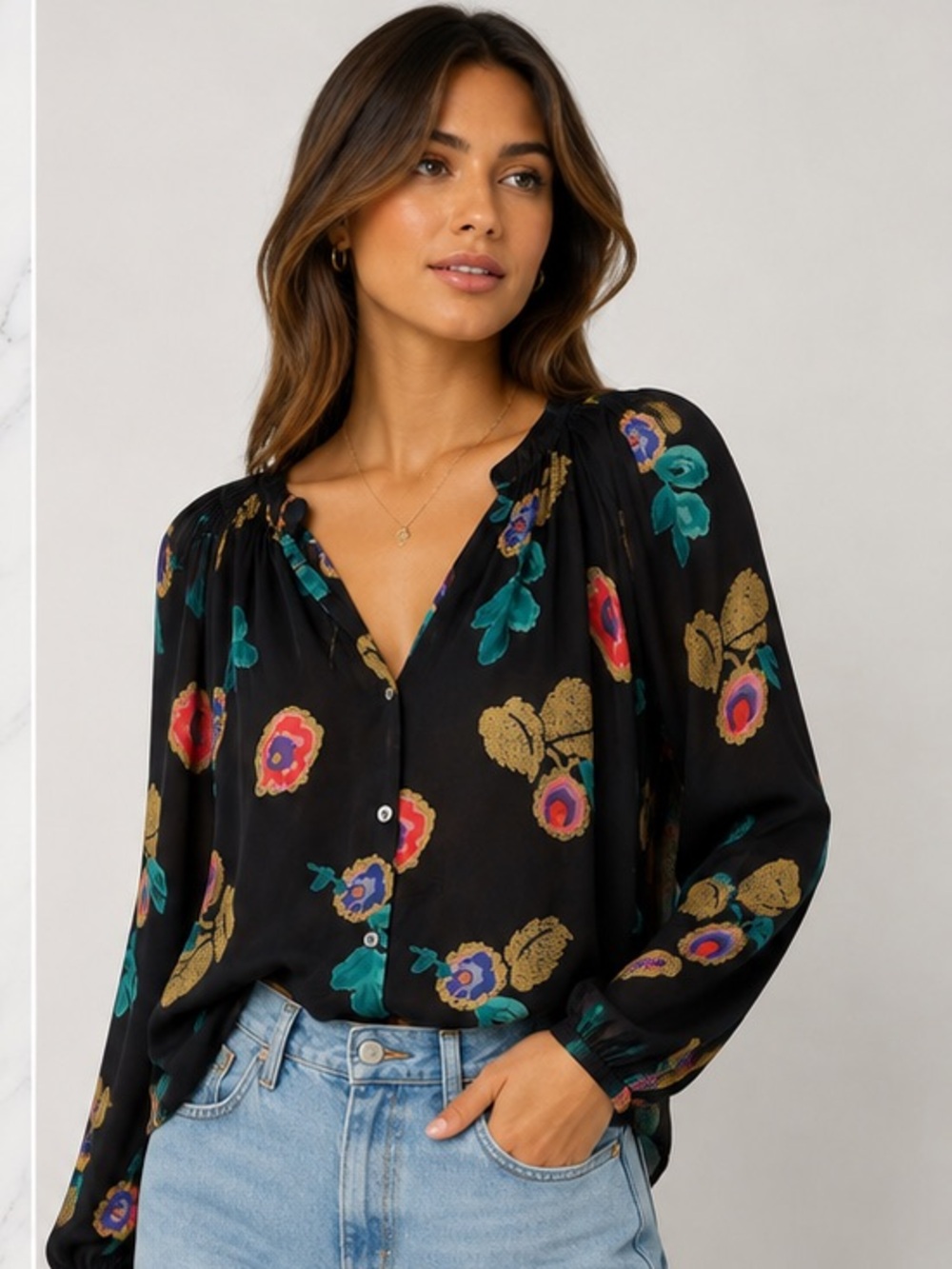 Tucker Black Floral Button-Front Blouse with Teal & Gold Accents